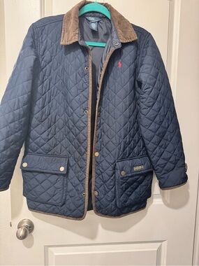 Polo by Ralph Lauren Navy Quilted Puffer Jacket with Brown Trim